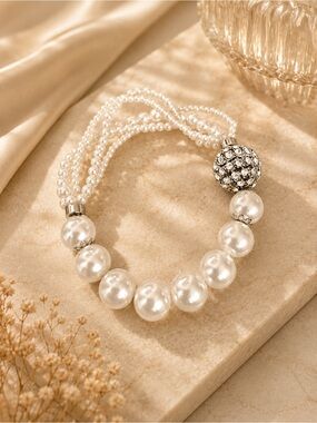 Elegant White Pearl Strand Bracelet with Crystal Accent